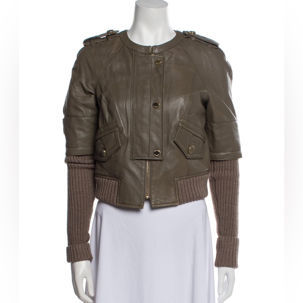 TORY BURCH Green Lambskin & Sweater-Sleeved Biker Jacket Sz XS - Picture 3 of 12